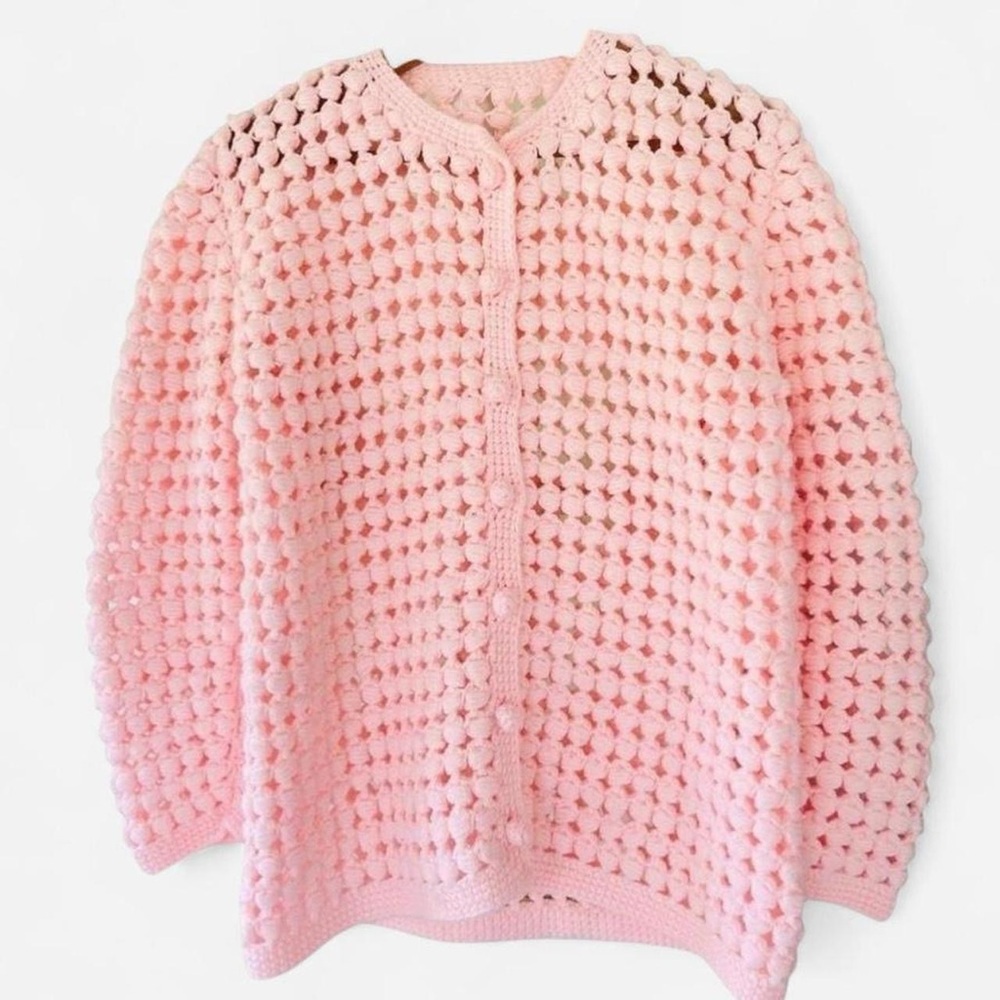 Vintage Handmade Baby Pink Grandmacore Crocheted Cardigan Sweater